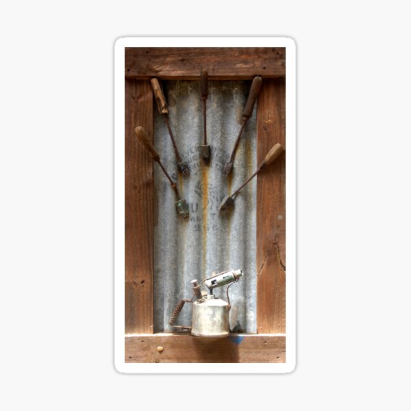 Item preview, Corrugated Iron, Blow torch and Tools in wooden frame by Adelaide artist Avril Thomas at Magpie Springs designed and sold by MagpieSprings.