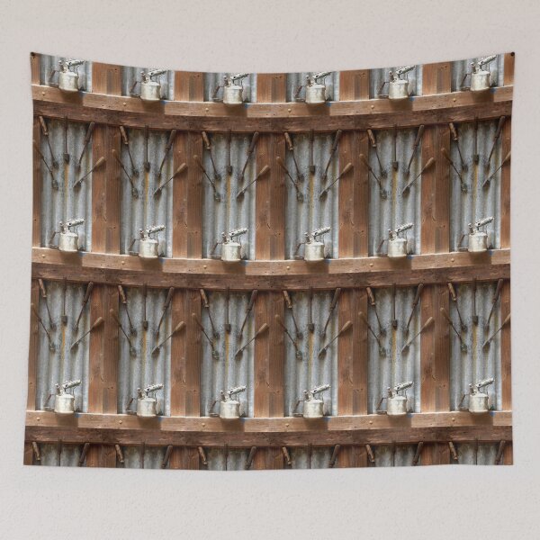 Item preview, Corrugated Iron, Blow torch and Tools in wooden frame by Adelaide artist Avril Thomas at Magpie Springs designed and sold by MagpieSprings.