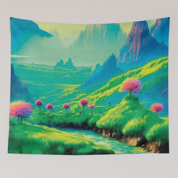 Item preview, a painting of a mountain valley with a stream running through it designed and sold by DesignAtYO.
