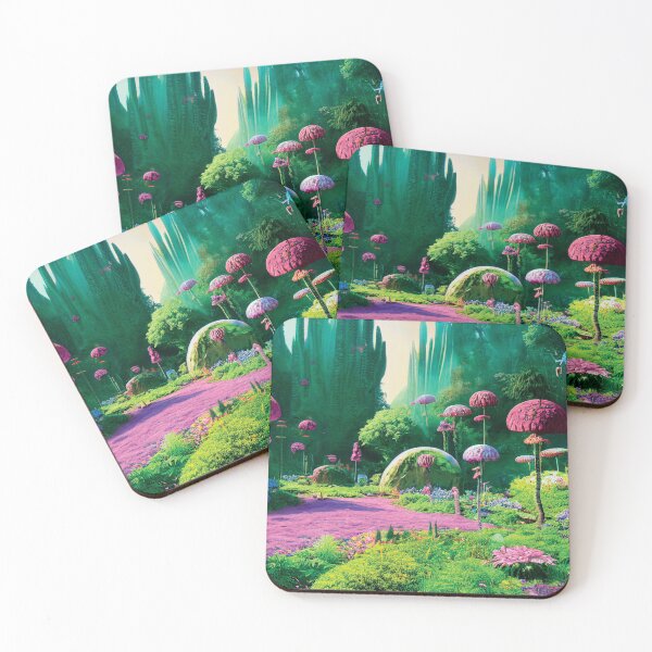Item preview, a painting of a lush green forest filled with pink flowers designed and sold by DesignAtYO.