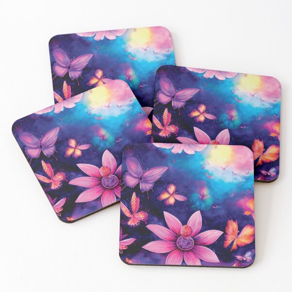 Item preview, a painting of pink flowers and butterflies flying in the sky designed and sold by DesignAtYO.