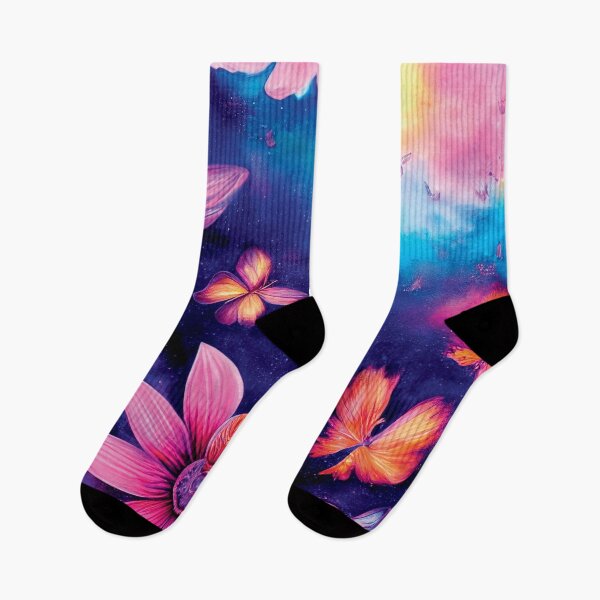 Item preview, a painting of pink flowers and butterflies flying in the sky designed and sold by DesignAtYO.