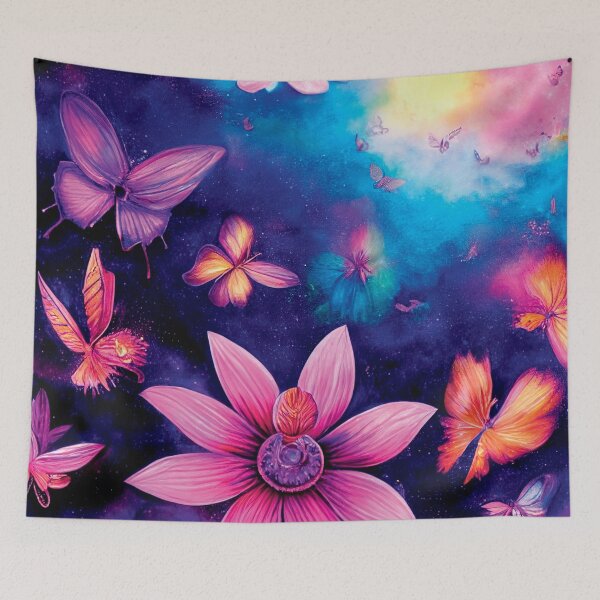 Item preview, a painting of pink flowers and butterflies flying in the sky designed and sold by DesignAtYO.
