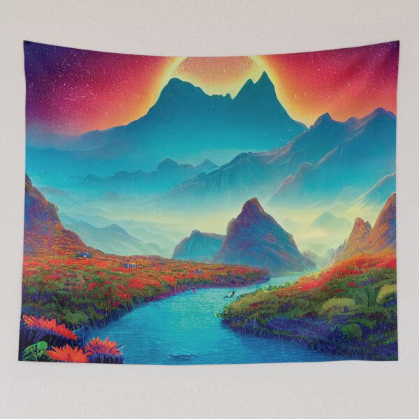 Item preview, a painting of a mountain landscape with a river running through it by David A Hardy designed and sold by DesignAtYO.