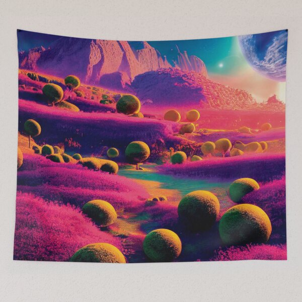 Item preview, a painting of a landscape with mountains and planets in the background designed and sold by DesignAtYO.