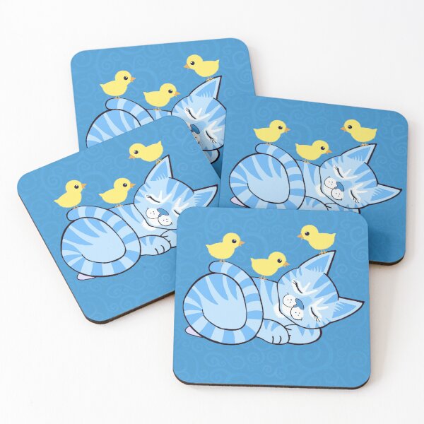 Item preview, Sleepy blue cat and chickie friends on blue spirals  designed and sold by QuirkyCatz.