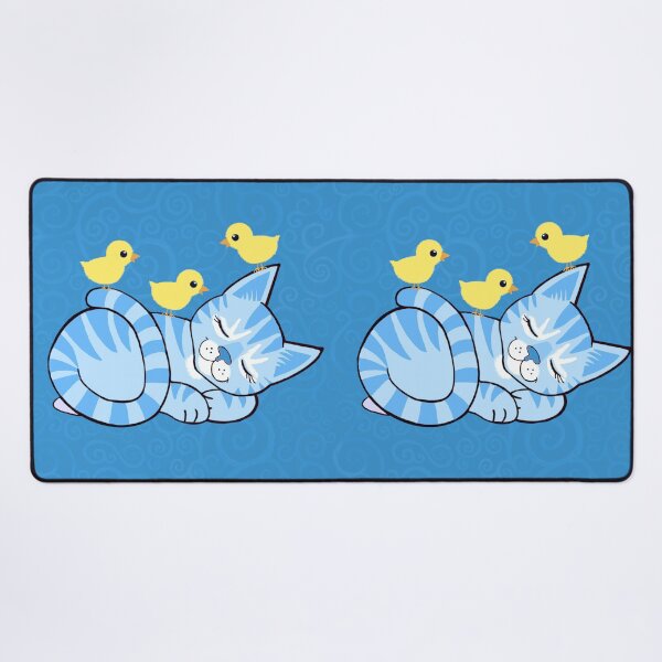 Item preview, Sleepy blue cat and chickie friends on blue spirals  designed and sold by QuirkyCatz.
