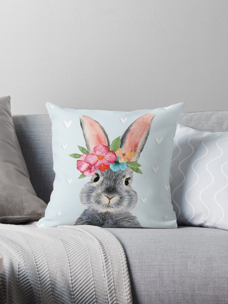 Cute fluffy grey and blue rabbit Pillow for Sale by MaryWatercolor Redbubble