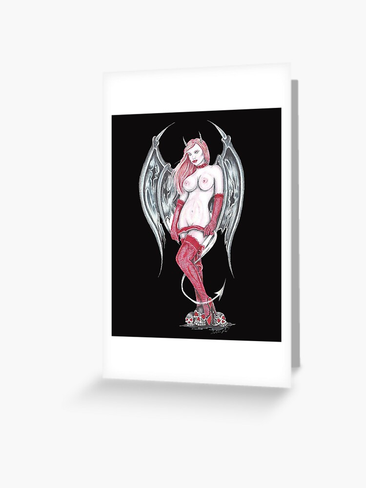 Carte De Vœux Sexy Diable Ange Femme Cranes Ailes Dessin D Art Original Par Robpauldesigns Redbubble