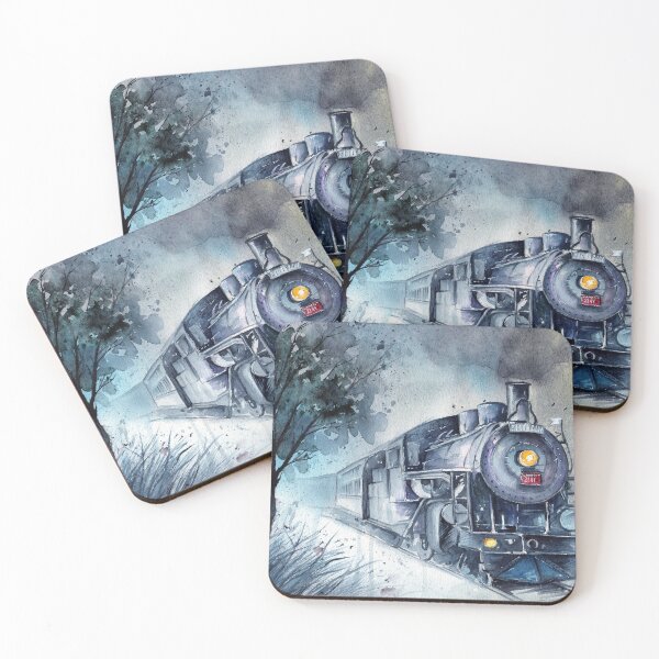 Item preview, Watercolor steam locomotive in gray-green colors designed and sold by MaryWatercolor.