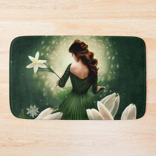 Item preview, Imbolc - Celtic Woman in Green Gown surrounded by Snowflakes and Snowdrop Flowers designed and sold by ThriceRound.
