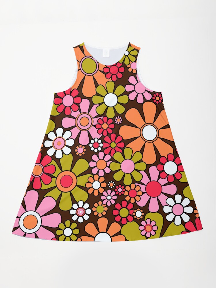 Retro Garden Flowers Groovy 60s 70s Floral Pattern 2 Brown Pink