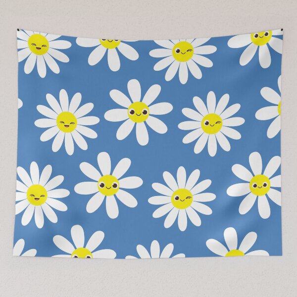 Item preview, Cute Happy Face Daisies on Retro Blue Seamless Pattern  designed and sold by ClaudiaFlores.