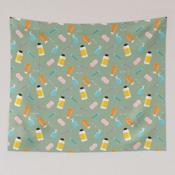 Item preview, Seamless vector pattern of bath tubes, bottles, razers and sponges against olive tiled wall designed and sold by Familyshmot.