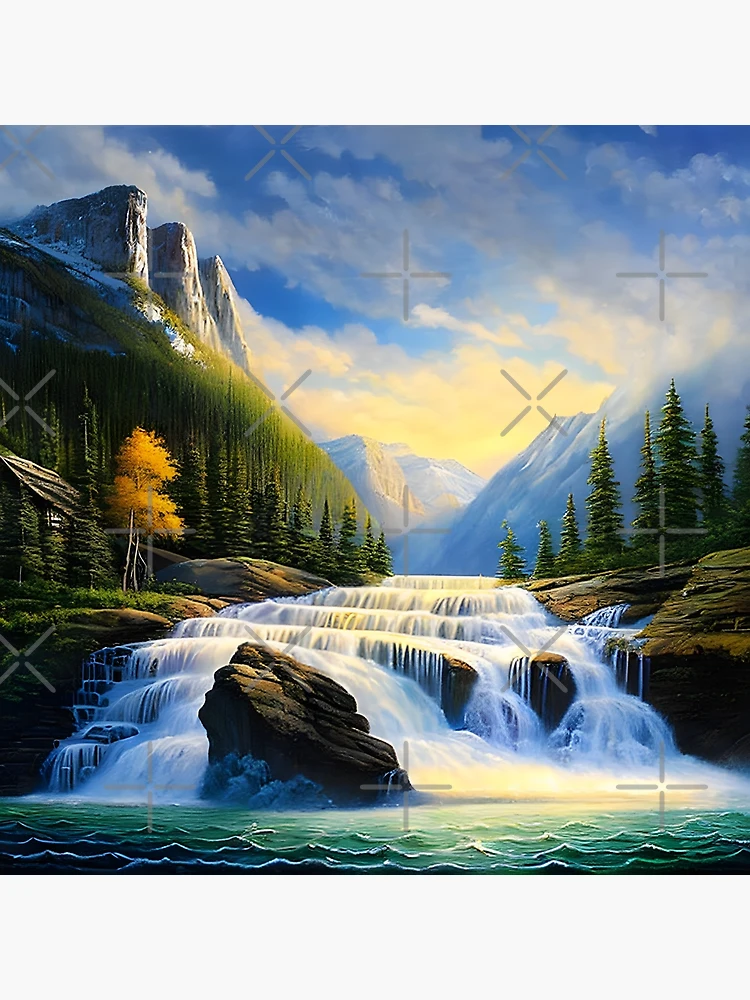 【テレビで話題】 Mountain waterfall landscape 絵画