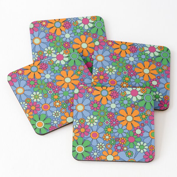 Item preview, Retro Garden Flowers Colorful 60s 70s Spring Floral Pattern Blue Orange Green Raspberry Pink designed and sold by kierkegaard.