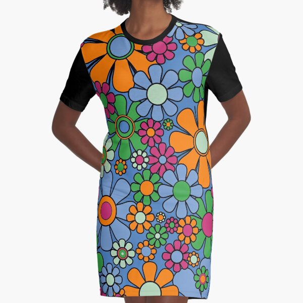 Retro Garden Flowers Colorful 60s 70s Spring Floral Pattern Blue Orange Green Raspberry Pink Graphic T-Shirt Dress