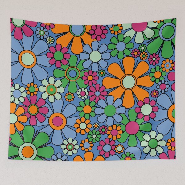 Item preview, Retro Garden Flowers Colorful 60s 70s Spring Floral Pattern Blue Orange Green Raspberry Pink designed and sold by kierkegaard.