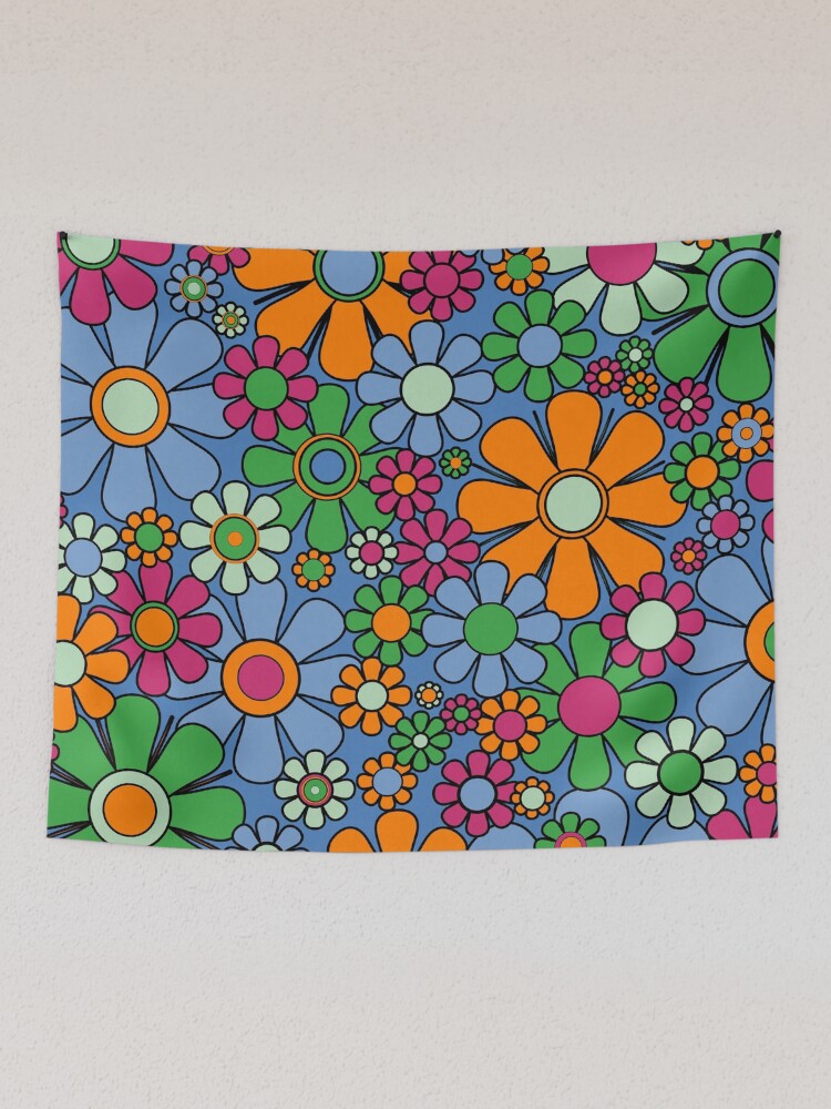 Retro Garden Flowers Colorful 60s 70s Spring Floral Pattern Blue