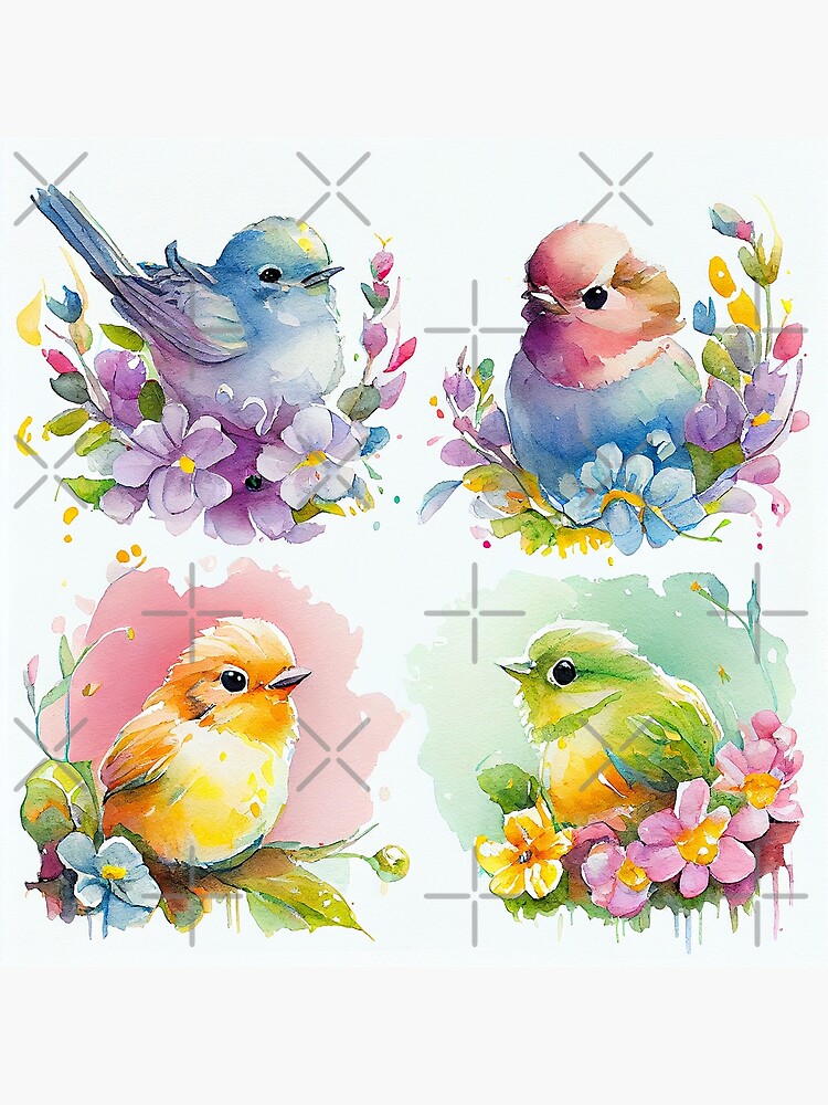 Colorful Watercolor Baby Bird with Flowers Print, 4 in 1 | Photographic  Print