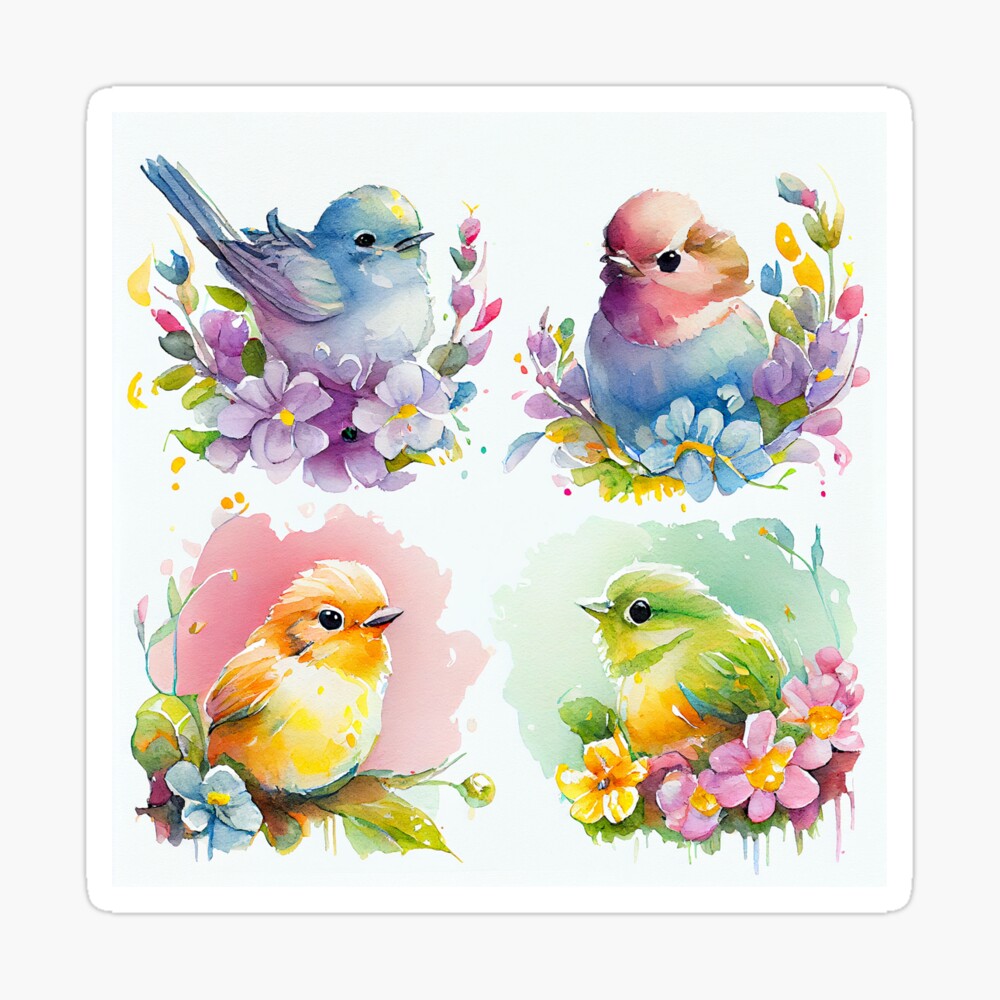 Colorful Watercolor Baby Bird with Flowers Print, 4 in 1 