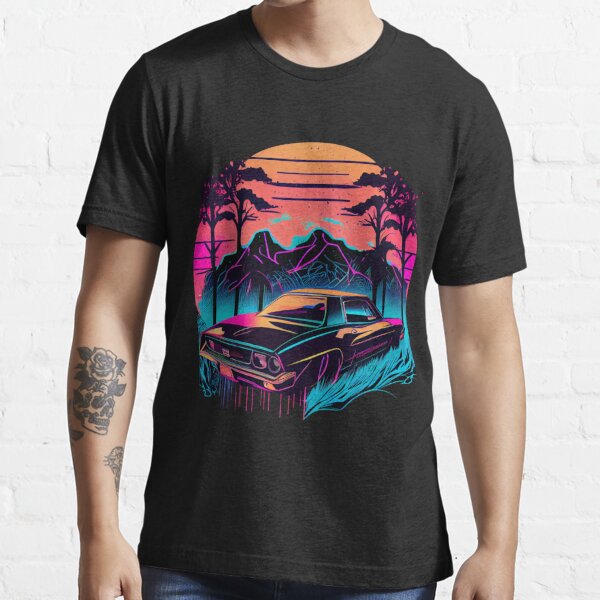 Vintage Sports Cars T-shirt Featuring A Retro Art Poster Illustration In  The Style Of Tropical Landscapes. The Design Is Inspired By The Synthwave  Genre And Features A Light Black And Amber Color