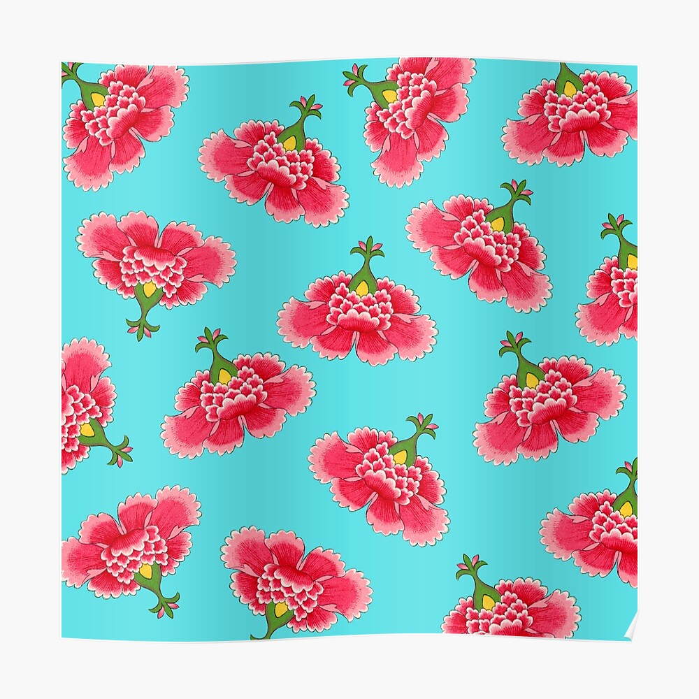 Chinese Vintage Pink and Red Flowers with Turquoise Blue - Hong 