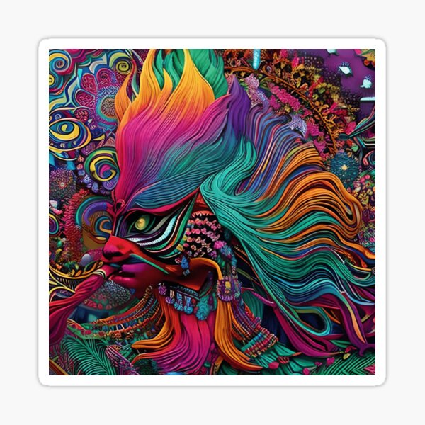 Item preview, Colorful Psychedelic Portrait of a Woman with an Intricate Mask: Inspired by Quetzalcoatl designed and sold by TrippyTextiles.