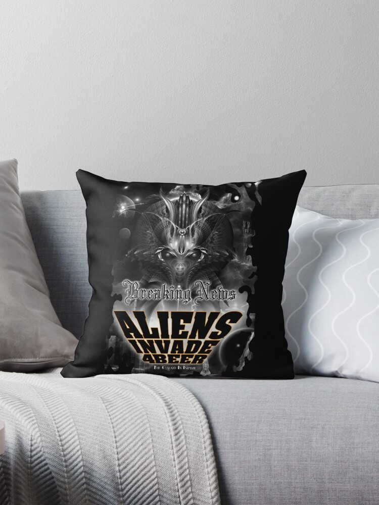 Aliens Invade 4 Beer Galaxy Attack Fractal Art Typography Decorative Art Print Throw Pillow
