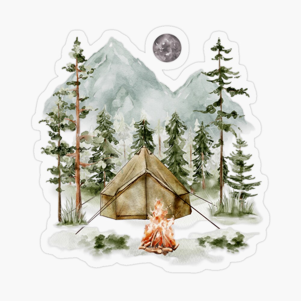 Camping tent in the pine forest Original watercolor painting