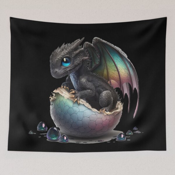 Item preview, Newly Hatched Baby Black Dragon with Tiny Rainbow Wings and Little Horns - Mischievous! designed and sold by Dragonstrom.