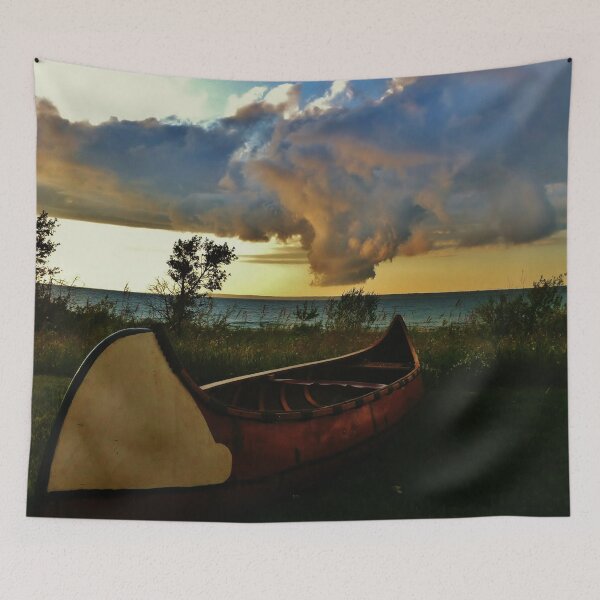 Item preview, Canoe at Lake Edge with Dramatic Clouds designed and sold by Nalinne Jones.