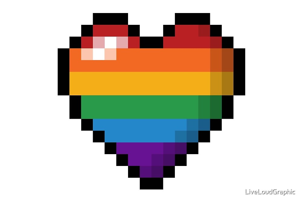 Large Pixel Heart Design in LGBTQ Rainbow Pride Flag Colors by LiveLoudGraphic