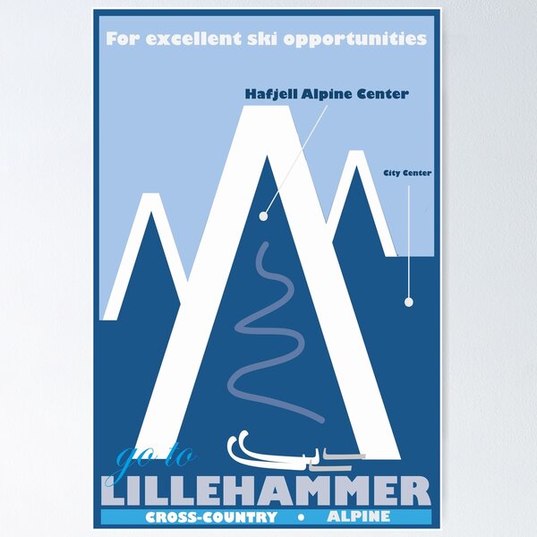 Aperçu de l'œuvre Lillehammer, Norvège, affiche de voyage de ski créée et vendue par BokeeLee.