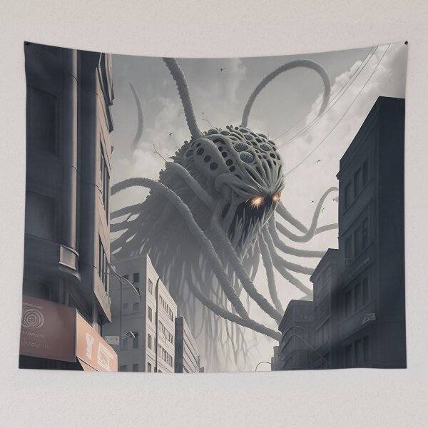Item preview, Evil Alien Monster Destroys City Fantasy Japanese Anime Retro 50s designed and sold by AIWanderer.