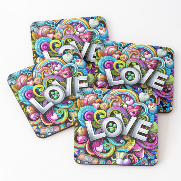 Item preview, the word love surrounded by many colorful objects designed and sold by DesignAtYO.