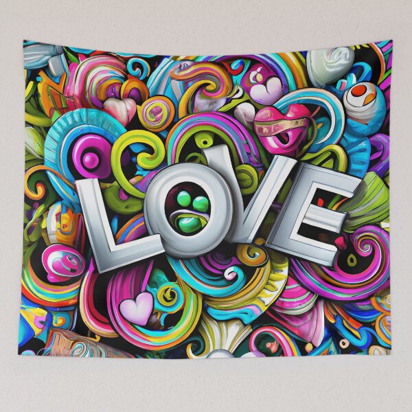 Item preview, the word love surrounded by many colorful objects designed and sold by DesignAtYO.