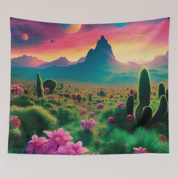 Item preview, a painting of a desert with flowers and mountains in the background designed and sold by DesignAtYO.