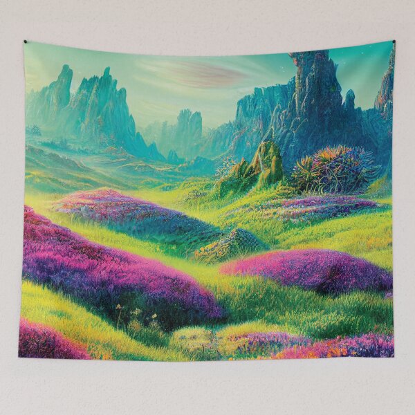 Item preview, a painting of a field of flowers with mountains in the background designed and sold by DesignAtYO.