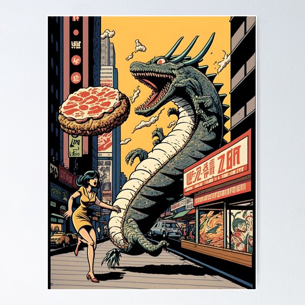 Item preview, Evil Dragon Eating Pizza Fantastic Japanese Anime Retro 60s designed and sold by AIWanderer.