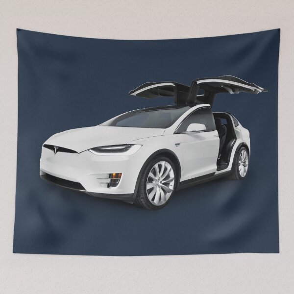 Item preview, White 2017 Tesla Model X luxury SUV electric car with open falcon-wing doors art photo print designed and sold by MaximImages .com Exquisite Arts.