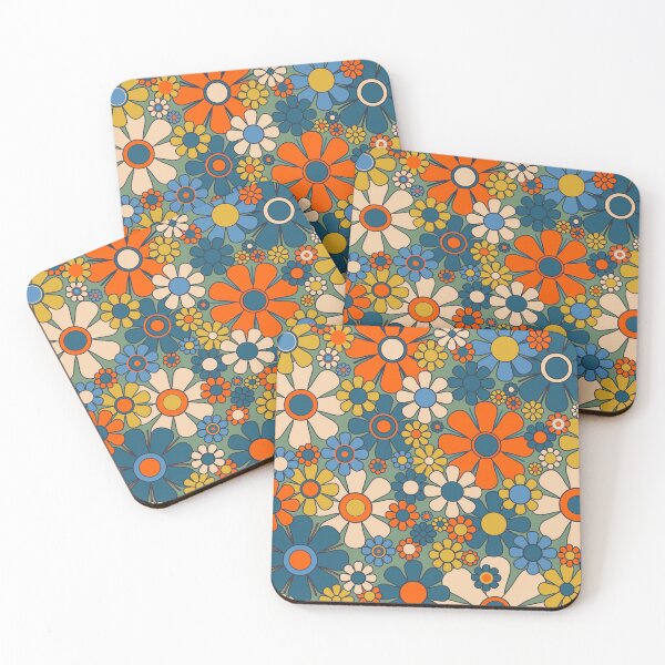 Item preview, Retro Garden Flowers Groovy Multicolor 60s 70s Floral Pattern Green Blue Orange Mustard designed and sold by kierkegaard.
