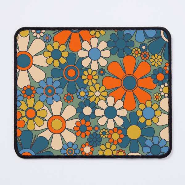 Aperçu de l'œuvre Fleurs de jardin rétro Groovy Multicolore Années 60 Années 70 Motif floral Vert Bleu Orange Moutarde créée et vendue par kierkegaard.