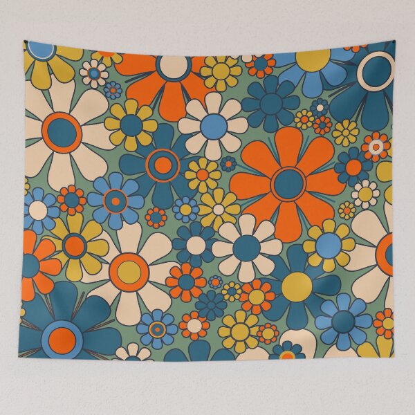 Item preview, Retro Garden Flowers Groovy Multicolor 60s 70s Floral Pattern Green Blue Orange Mustard designed and sold by kierkegaard.