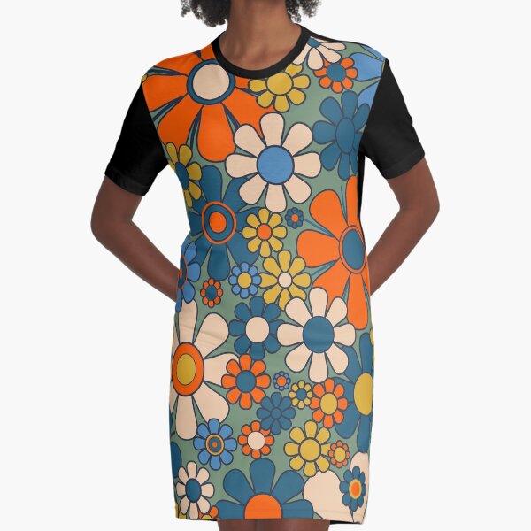 Aperçu de l'œuvre Fleurs de jardin rétro Groovy Multicolore Années 60 Années 70 Motif floral Vert Bleu Orange Moutarde créée et vendue par kierkegaard.