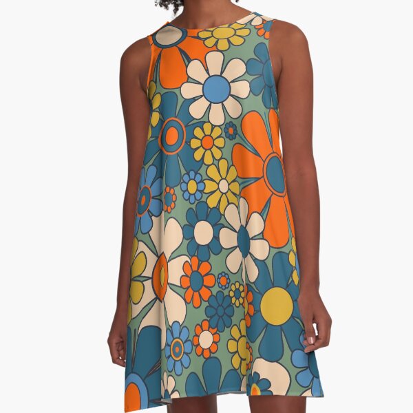 Retro Garden Flowers Groovy Multicolor 60s 70s Floral Pattern Green Blue Orange Mustard A-Line Dress