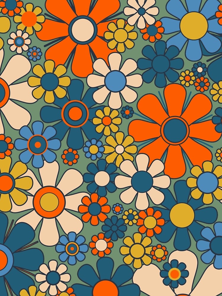 Thumbnail 4 of 4, A-Line Dress, Retro Garden Flowers Groovy Multicolor 60s 70s Floral Pattern Green Blue Orange Mustard designed and sold by kierkegaard.