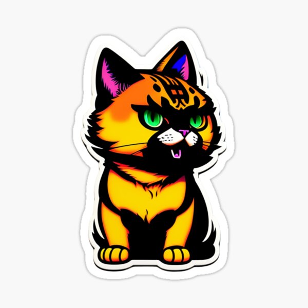 twin-yak944: crazy mad cartoon cat sticker, anime style, solid backgound  color