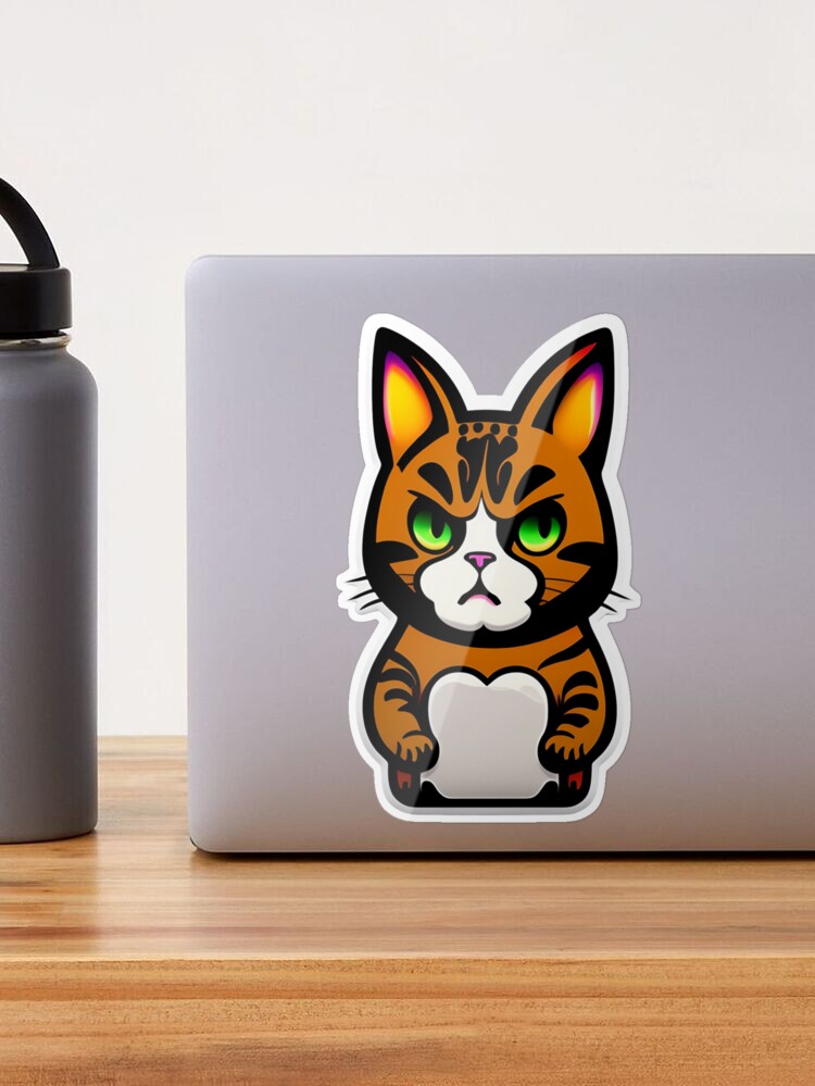 twin-yak944: crazy mad cartoon cat sticker, anime style, solid backgound  color