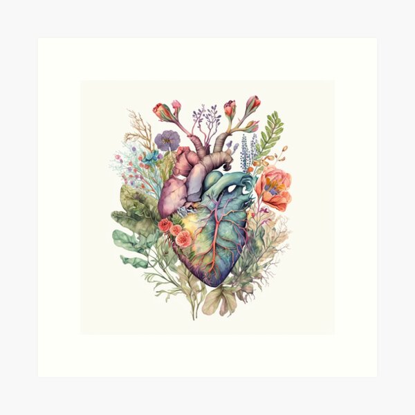 Aperçu de l'œuvre Coeur envahi de fleurs 4 - illustration aquarelle botanique florale anatomie créée et vendue par EmeraldeaArt.